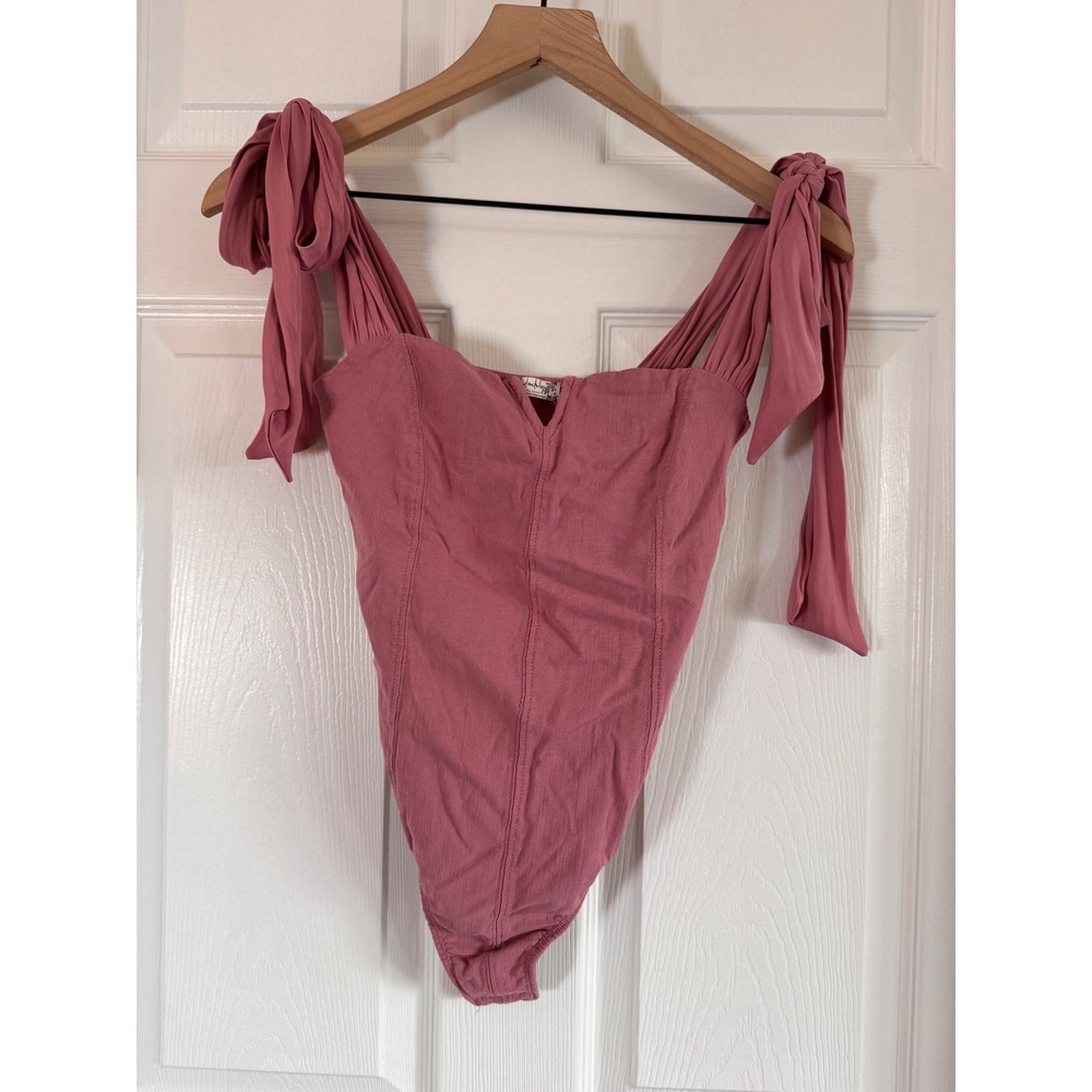 Free People Bodysuit Women XS Pink Mauve Tie Shoulder Corset Boho Chic - Picture 2 of 8